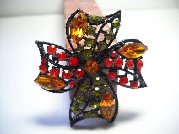 Vintage Brooch Orange Red Green Rhinestone Flower… - image 5