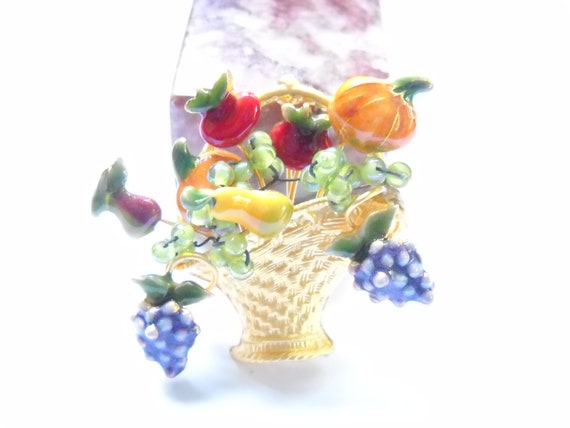 Vintage Brooch Enamel Fruit Basket Brooch Pin Ena… - image 4