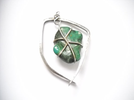 Vintage Green Stone Pendant Silver Metal Mid Cent… - image 6