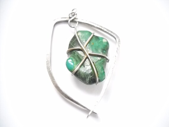 Vintage Green Stone Pendant Silver Metal Mid Cent… - image 7