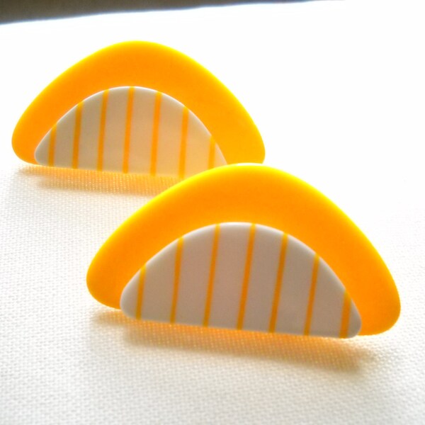 Mod Earrings Lemon Yellow Big Bold Older Plastic Pierced Earrings Yellow White Striped Lemon Slices Mod Hipster Boho