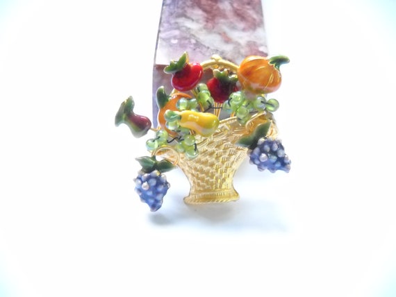 Vintage Brooch Enamel Fruit Basket Brooch Pin Ena… - image 3