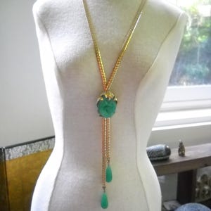 Vintage Bolo Necklace: Peking Glass, Gold Tone Chain, Mid-Century Modern