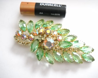 Vintage Brooch Big Bold Green Rhinestones AB Pink Rhinestones Layered Juliana Style Open Backed Cupcake Prong Set Mid Century Statement