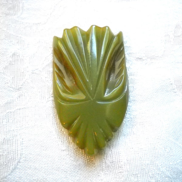 Bakelite Large Dress Clip Deeply Carved Pierced Curved Spinach Green Art Deco Boho Hipster