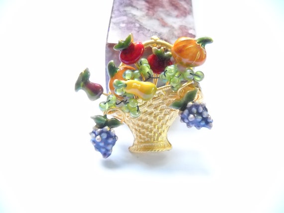 Vintage Brooch Enamel Fruit Basket Brooch Pin Ena… - image 9