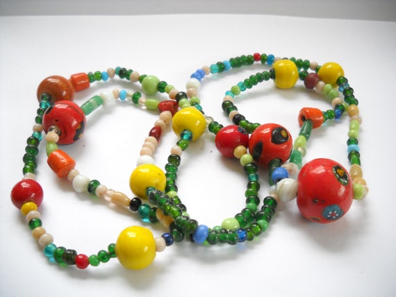 Vintage Glass Bead Necklace, Long Colorful Murano Style Beads, 40 inch