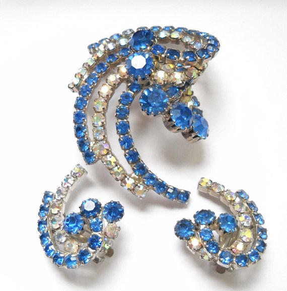 Vintage Brooch Earring Set Blue AB Rhinestones Bi… - image 1