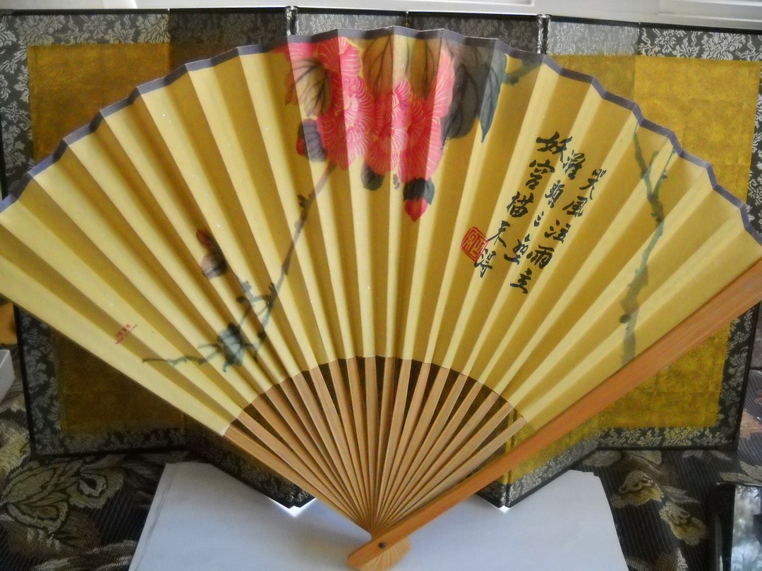 Vintage Hand Fan Vintage Chinese Hand Fan Large W Painted Pink Etsy