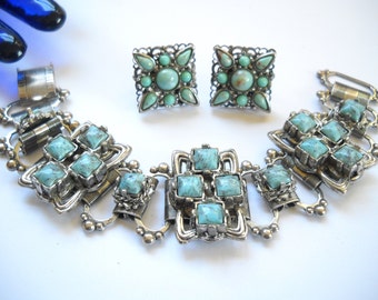 Chunky Vintage Set Bracelet Earrings Link Book chain Bracelet Faux Turquoise Lucite Cross Design Turquoise Lucite Screw back Earrings Boho