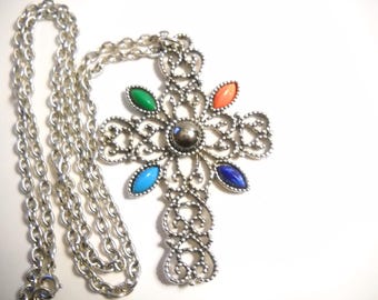 Vintage Avon Silver Tone Filigree Cross Necklace: Boho Faux Stone Pendant