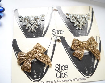 Vintage Show Clips Latique Shoe Clips Gold Bows Silver Ribbons Latique New York City Original Cards Mervyn's Statement Mid Century Gift