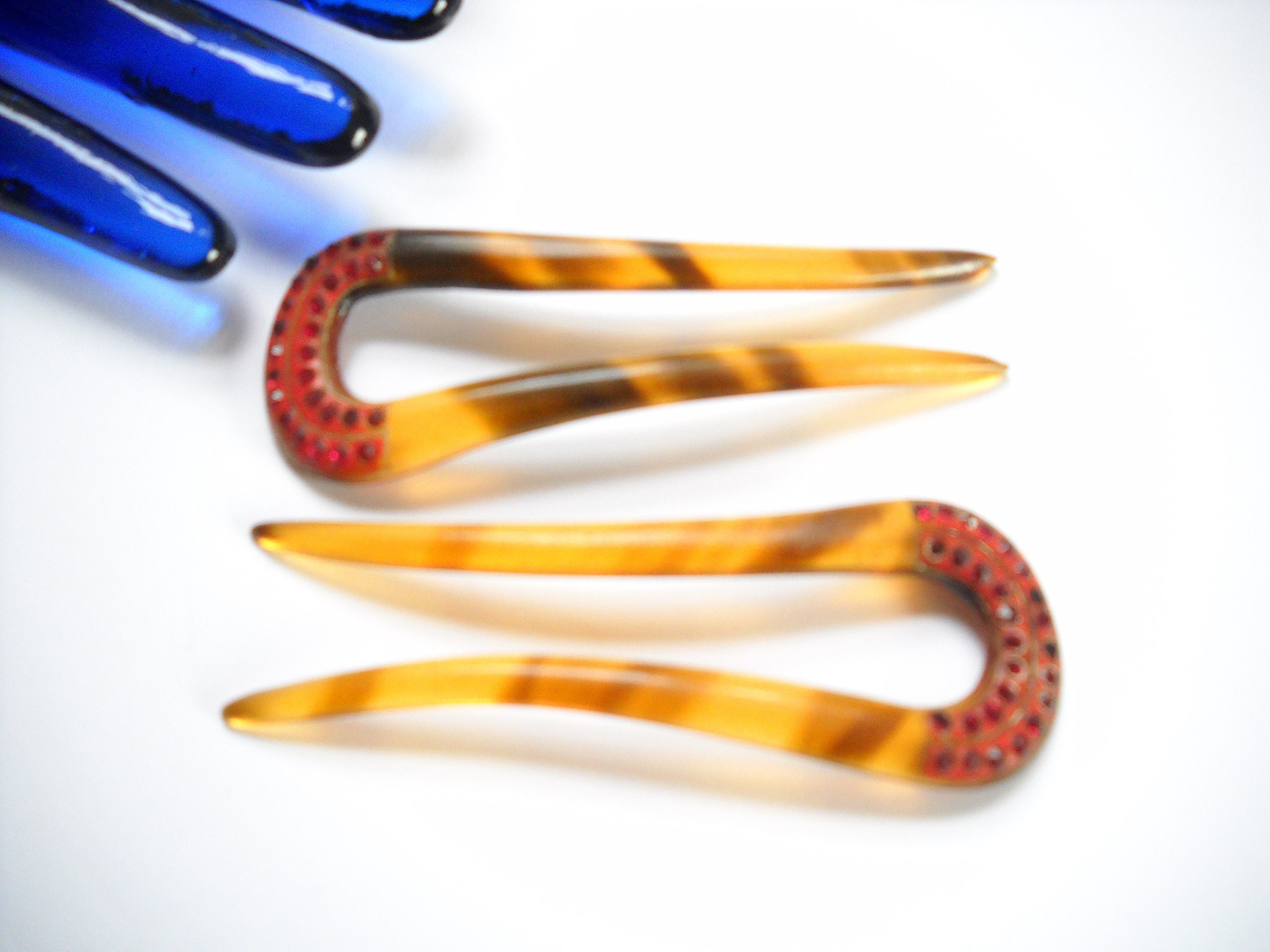 Vintage Partial Faux Tortoise Hair Comb Red Rhinestones 4 Vintage Hair Combs One With Red Rhinestones Celluloid Faux  main image 2