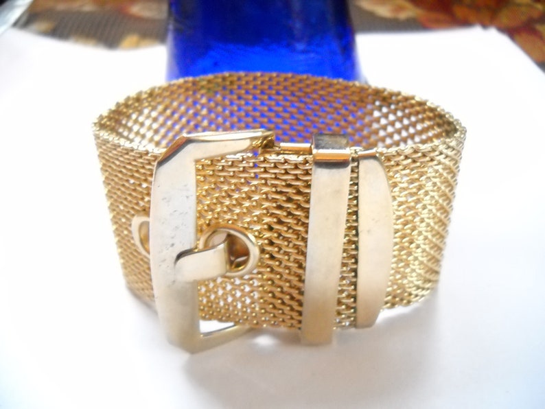 Vintage Buckle Bracelet Wide Gold Tone Mesh Buckle Bracelet Adjustable 1960s Gold Tone Mesh Chain Link Mid Century Boho