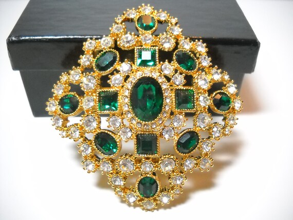 Joan Rivers Brooch Emerald Green Clear Rhinestones