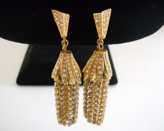 Vintage Rhinestone Dangle Drop Earrings Gold tone Rhinestone Chains Waterfall Earrings Clip on Statement earrings Mid Century Gift  Bling