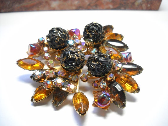 Broche Ancienne Fleur/étoile Strass Vert Péridot Et Jaune Citrine - Vintage
