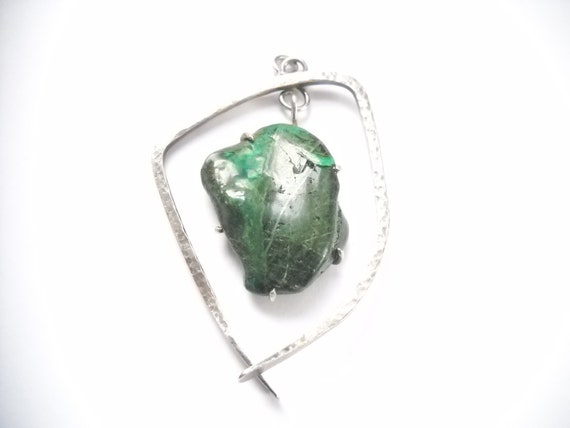 Vintage Green Stone Pendant Silver Metal Mid Cent… - image 2