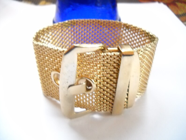 Vintage Buckle Bracelet Wide Gold Tone Mesh Buckle Bracelet Adjustable 1960s Gold Tone Mesh Chain Link Mid Century Boho