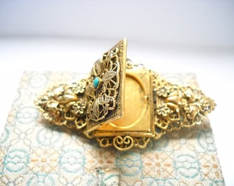 Vintage Brooch Pendant Locket Gold tone Filigree Layered Faux Turquoise Bead Retro Victorian 1960s Fancy Brooch Locket Statement Gift