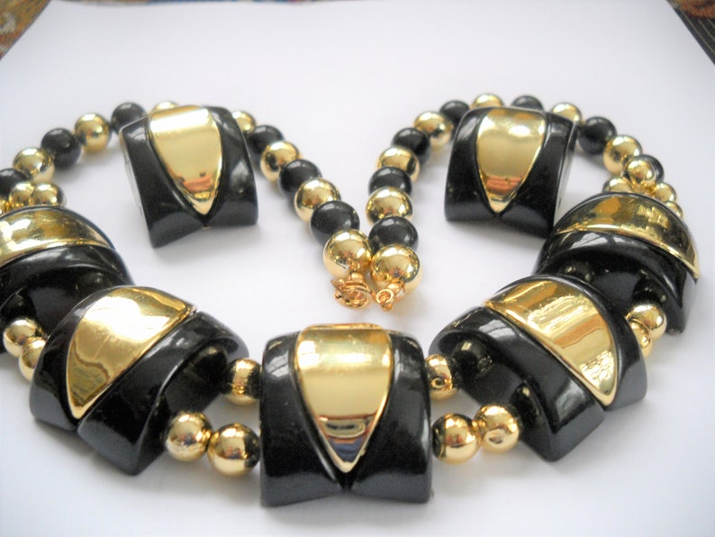Vintage Necklace Earring Set Black Gold 1980 Chunky Jewelry Set Oversized Big Bold Disco Boho Statement Jewelry Set