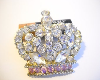 Vintage Crown Brooch Pendant Rhinestone brooch pendant Crown Clear Pink Rhinestones Big Bold Queen Brooch Multi Shape Heavy Gift Boho