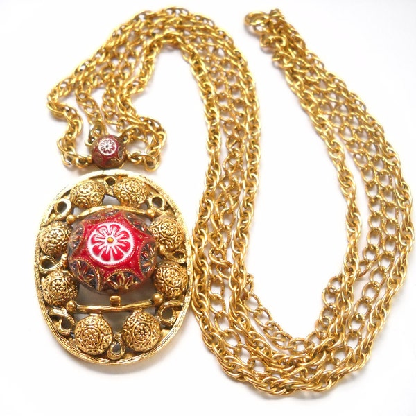 Vintage Necklace Celebrity NY Moroccan Matrix Red Stones Double Chain Designer Signed Celebrity Juliana D&E Mid Century Red Gold Boho Hippie