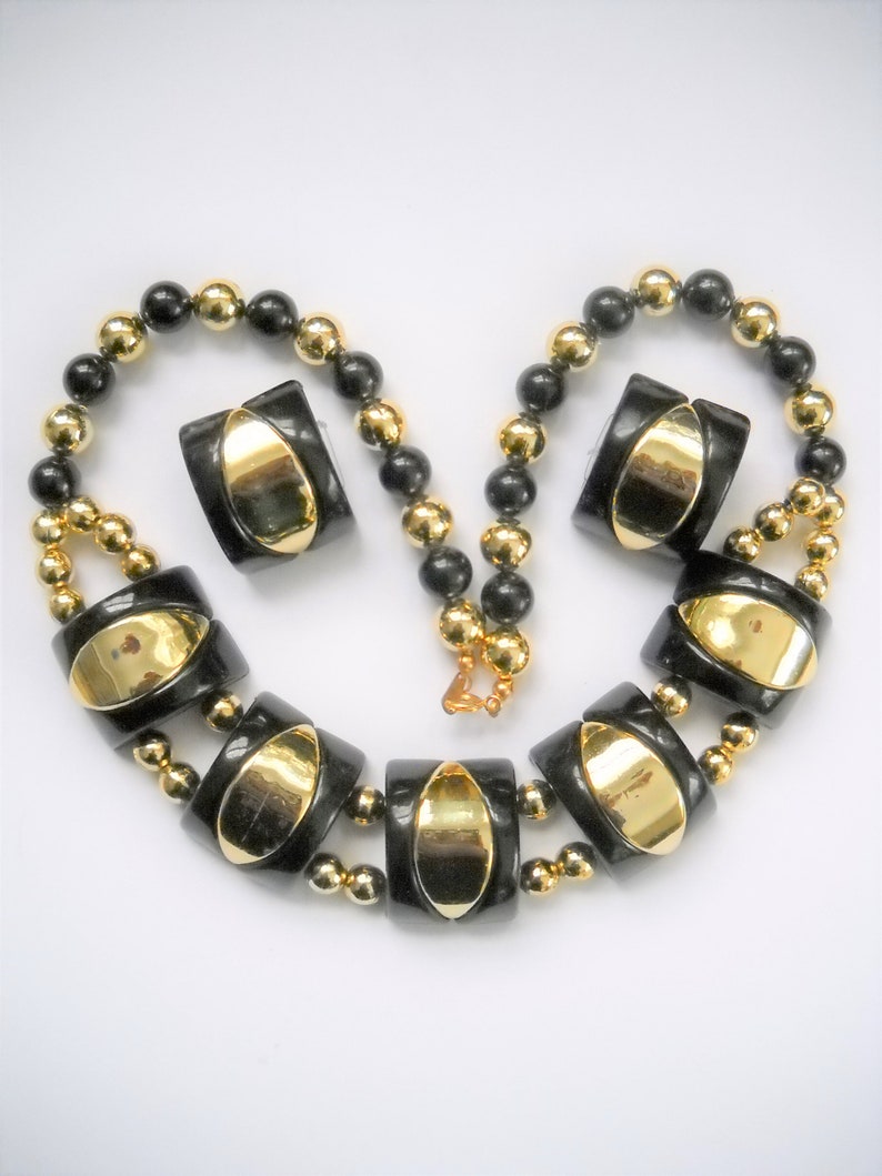 Vintage Necklace Earring Set Black Gold 1980 Chunky Jewelry Set Oversized Big Bold Disco Boho Statement Jewelry Set