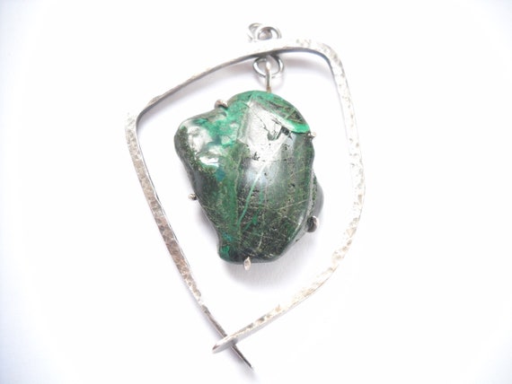 Vintage Green Stone Pendant Silver Metal Mid Cent… - image 5