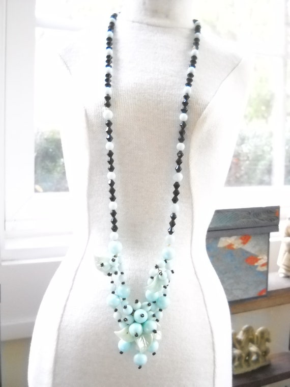 Vintage Necklace Black Crystal Blue Pearlescent Pl