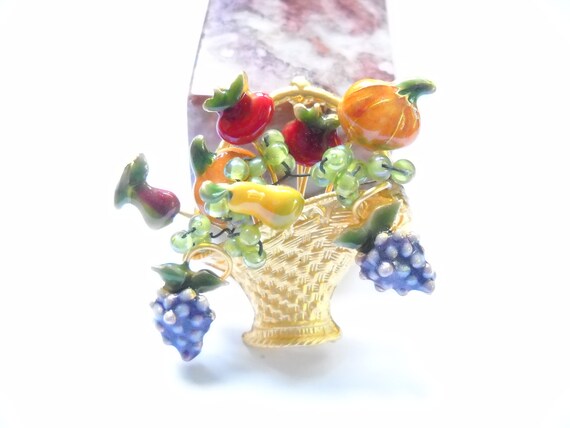 Vintage Brooch Enamel Fruit Basket Brooch Pin Ena… - image 5