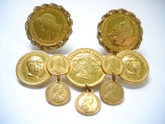 Vintage Miriam Haskell Coin Jewelry Set: Brooch & Earrings - Etsy