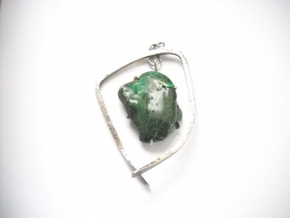Vintage Green Stone Pendant Silver Metal Mid Cent… - image 1