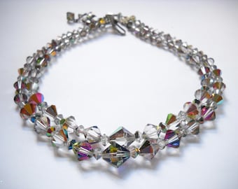 Vintage Aurora Borealis Crystal Choker Necklace: Smokey Gray Mid Century Statement