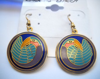 Vintage Laurel Burch Earrings Birds Dangle Drop Enamel Wire Purple Blue Yellow Orange Gold Tropic Bird Designer Signed Etsy Gift Boho