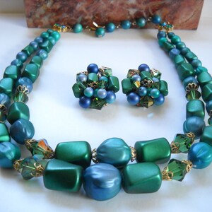 Vintage 1950s Jewelry Set Two Strand Necklace Earrings Blue Green ...