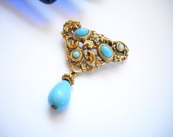 Vintage Brooch Retro Victorian Faux Turquoise Persian blue Glass Cabochon Stones Gold tone Filigree Metal Brooch Boho Statement Brooch Gift