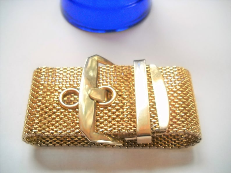Vintage Buckle Bracelet Wide Gold Tone Mesh Buckle Bracelet Adjustable 1960s Gold Tone Mesh Chain Link Mid Century Boho