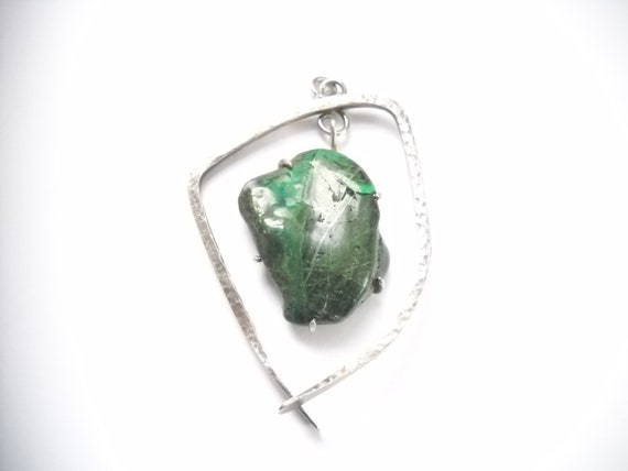 Vintage Green Stone Pendant Silver Metal Mid Cent… - image 4