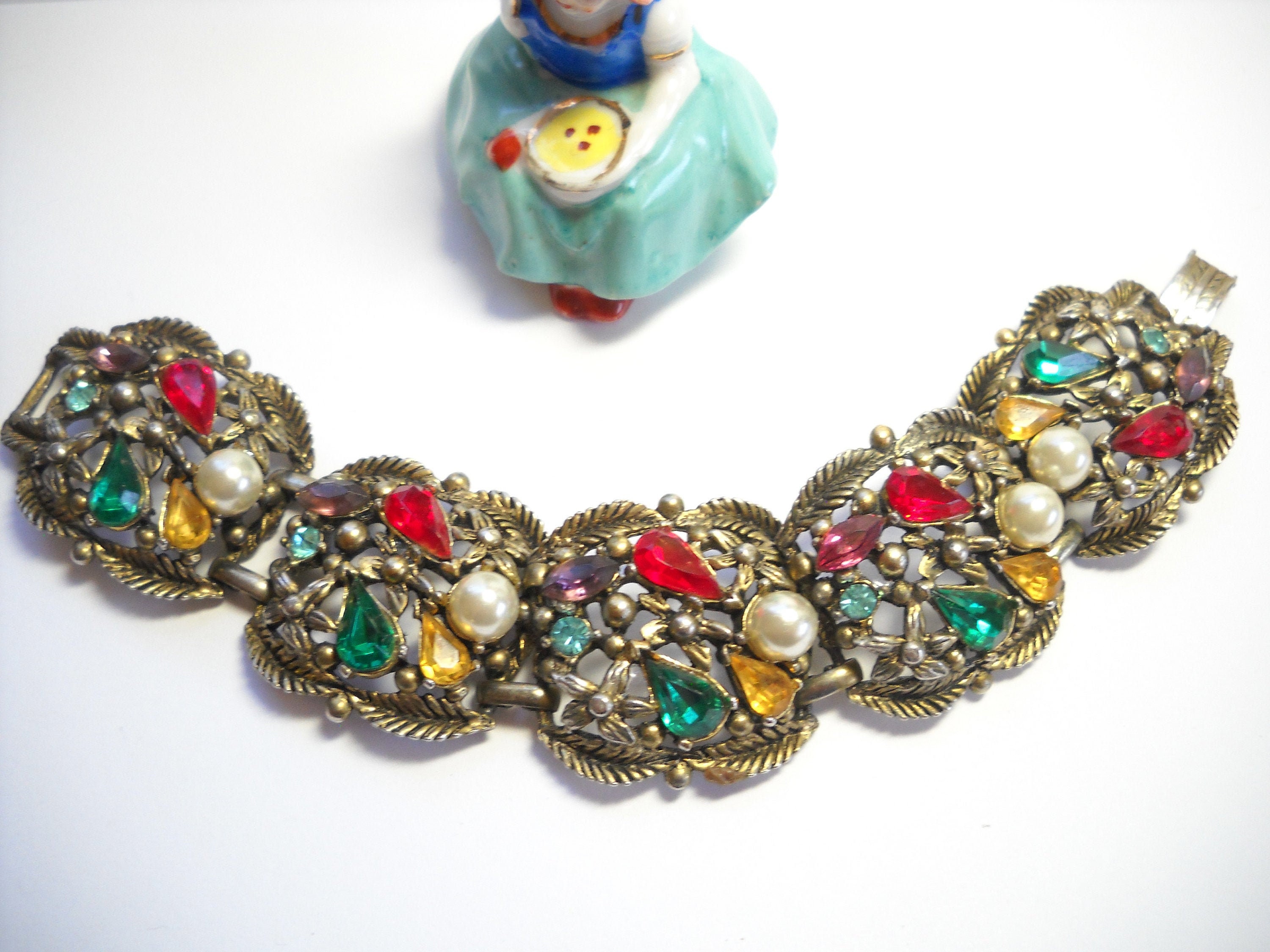 Vintage Bracelet Colored Rhinestone Pearl Metal Panel Link
