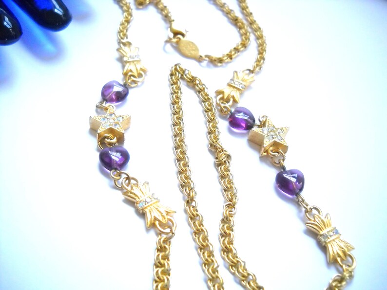 Vintage Kirk's Folly Necklace Hearts Stars Chain Gold Tone Purple
