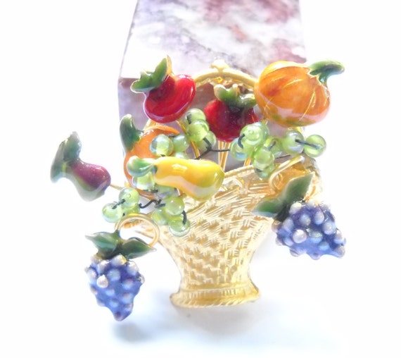 Vintage Brooch Enamel Fruit Basket Brooch Pin Ena… - image 1