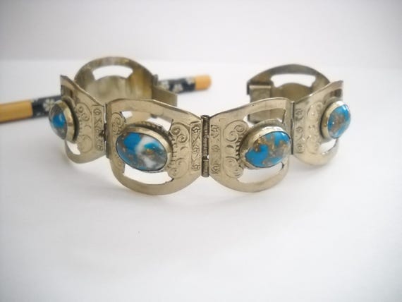 アクセサリー vintage Mexican Jewelry bracelet Vintage Mexican Panel Bracelet: Silver Tone Metal, Art Glass