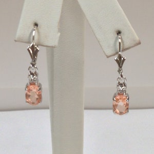 Morganite Quartz with Natural Diamond Dangle Earrings Solid 14kt White Gold