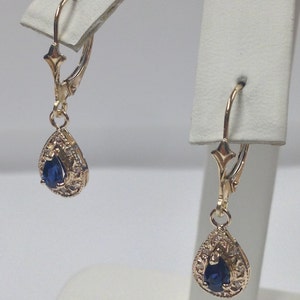 Natural Sapphire with Natural Diamond Dangle Earrings Solid 14kt Yellow Gold