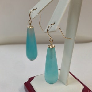 Blue Agate Dangle Earrings Solid 14kt Yellow Gold
