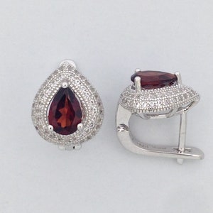 Natural Garnet with White Sapphire Earrings 925 Sterling Silver