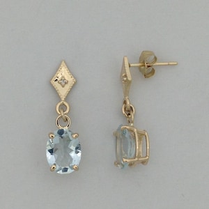 Natural Aquamarine with Natural Diamond Earrings Solid 14kt Yellow Gold