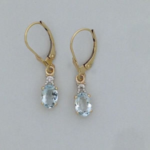 Natural Aquamarine with Natural Diamond Earrings Solid 14kt Yellow Gold. March Birthstone