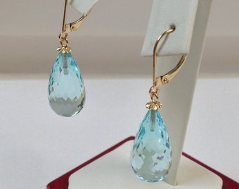 Natural Briolette Blue Topaz Dangle Earrings Solid 14kt Yellow Gold